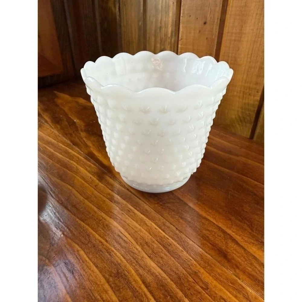 Vintage Fire-King Milk Glass Hobnail Planter Scalloped Rim White Bowl Made inUSA